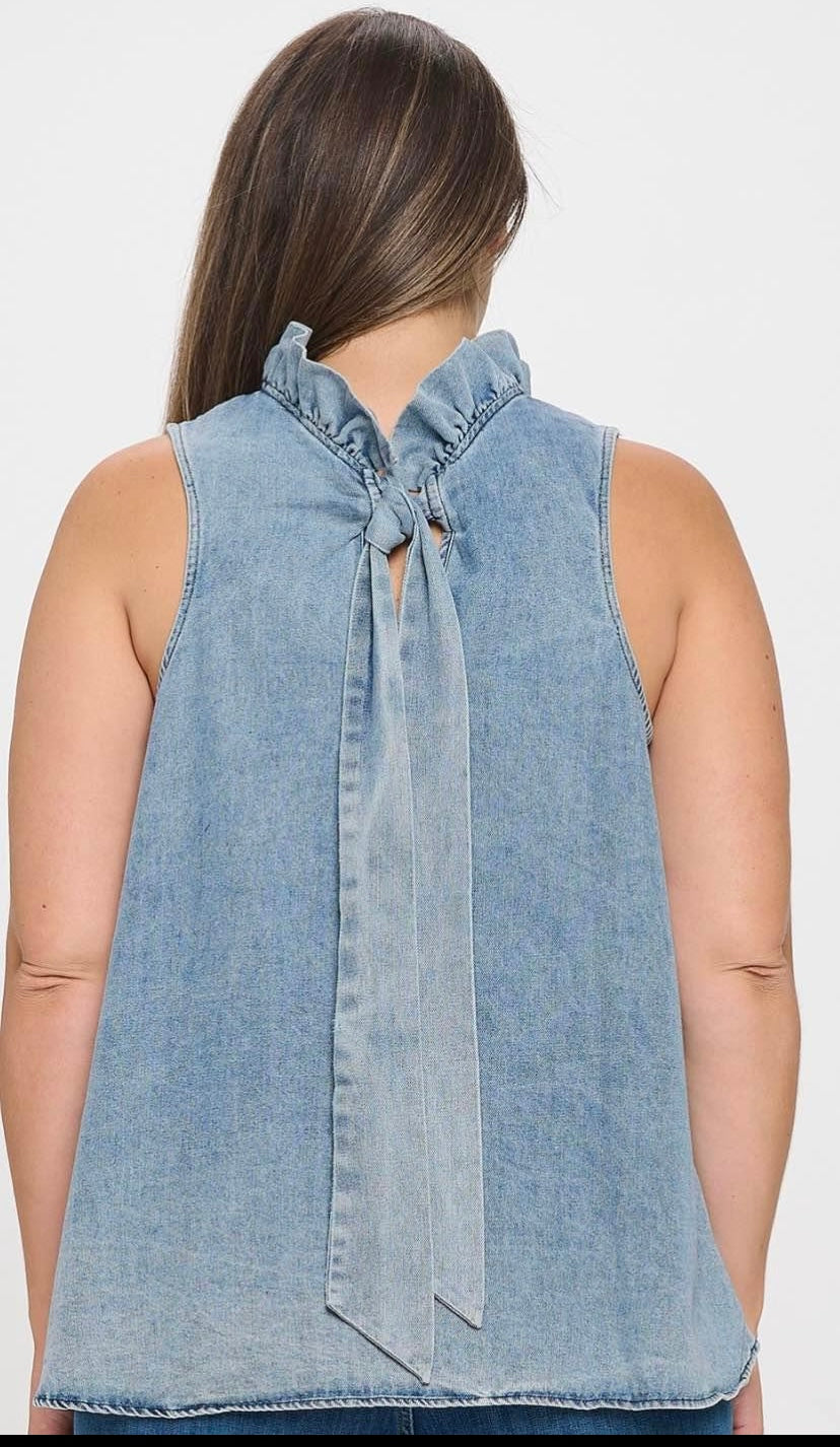 Sleeveless Ruffle Neck Denim Top